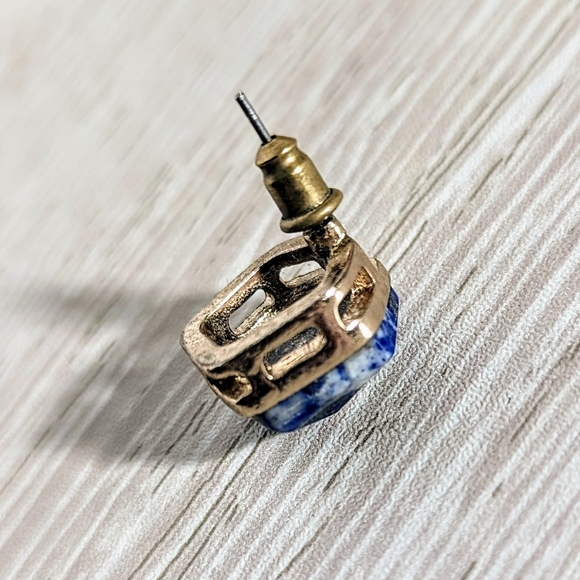 Lapis Lazuli Hexagon Stone and Brass Earrings - Picture 2 of 6